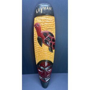 Vintage Cayman Island Wooden Carved Wall Decor Mask with Turtle 23.5" Tall